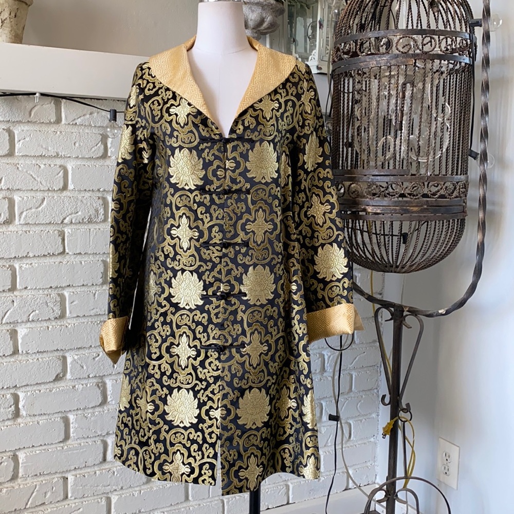 DRAGON SILK HANGZHOU CHINA SILK BLACK GOLD LONG JACKET MEDIUM **